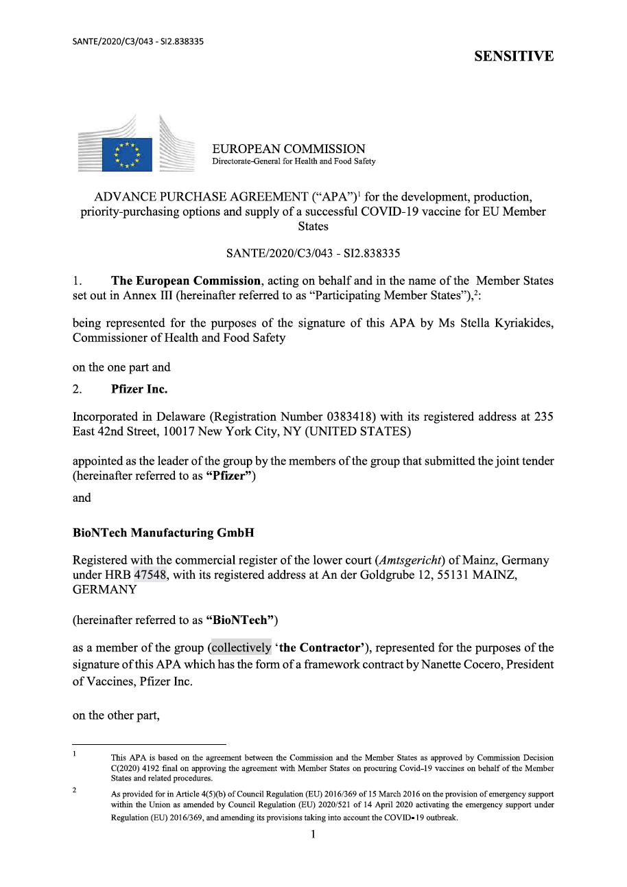 **European Commission CONTRACT-PFIZER_Unredacted__APA BioNTech Pfizer__COVER